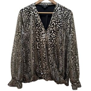 Belldini Black and Gold Cheetah Print Long Sleeve Wrap Blouse